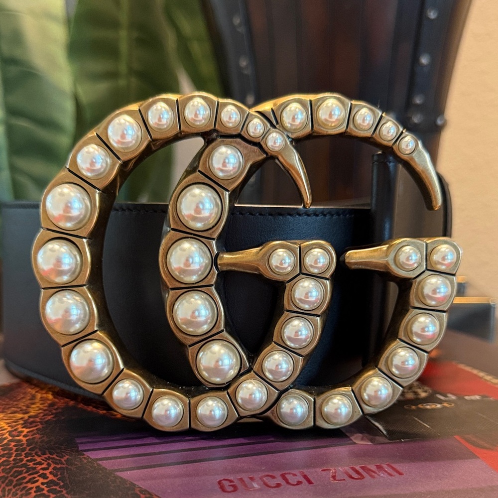 GUCCI Black Elegant Wide Leather Belt with Gold Double G Pearl Buckle 90 / 36 - Picture 3 of 7
